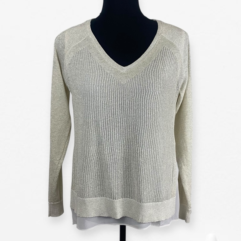 Lucky Brand Ivory Gold metallic V-Neck crochet lace sleeve accent Top Blouse S